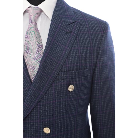 2-piece Double Breast Glen Plaid Navy Suit By Derman Suits - Picture 4 of 4